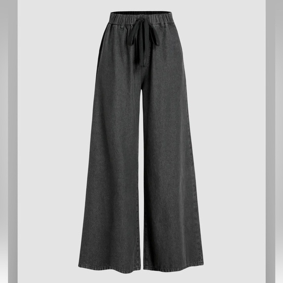 Cider Denim - Cider LESLIE DENIM HIGH WAIST SOLID TIE FRONT WIDE LEG TROUSERS S AB6/17